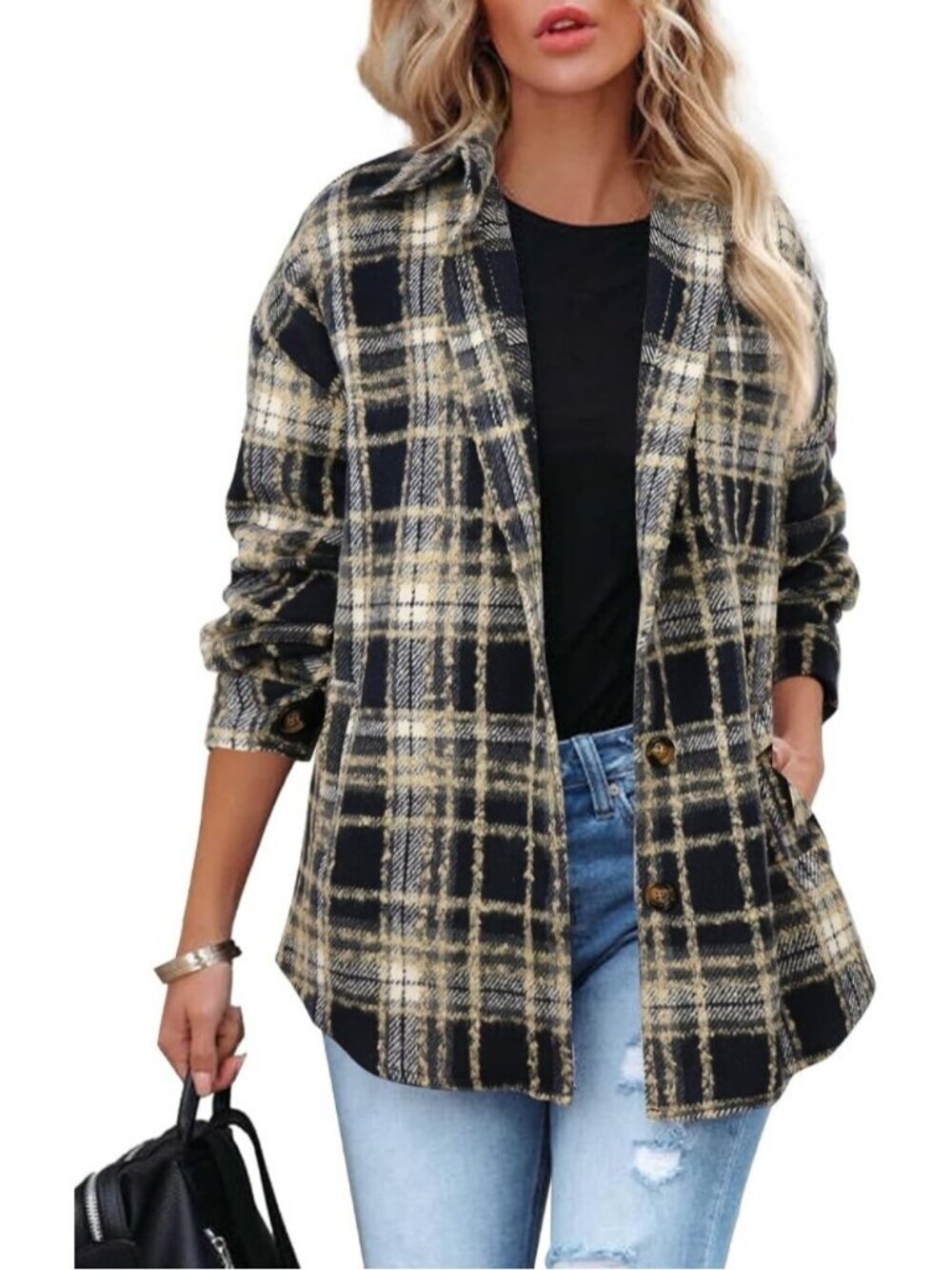 Women Black-Brown Fall Plaid Long Sleeve Bust Pocket Button Down Flannel Shacket